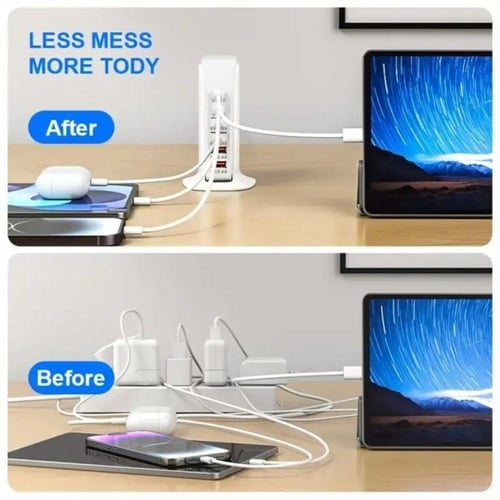 شاحن USB متعدد المنافذ بقوة 40 واط و6 منافذ مع تقن...