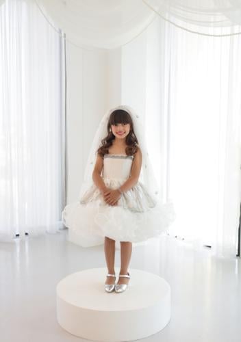 Luxurious white dress decorated with embroidery and embellishment
