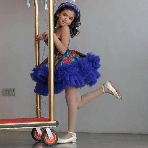 Dress made of distinctive brocade fabric and navy...