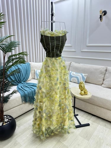 فستان سهره فخم ليموني. زيتي