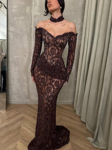 فستان روزينا سهره دانتيل بني