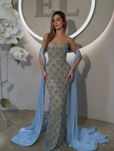 فستان سهرة لون انيق خامه خرز عل تل مبطن