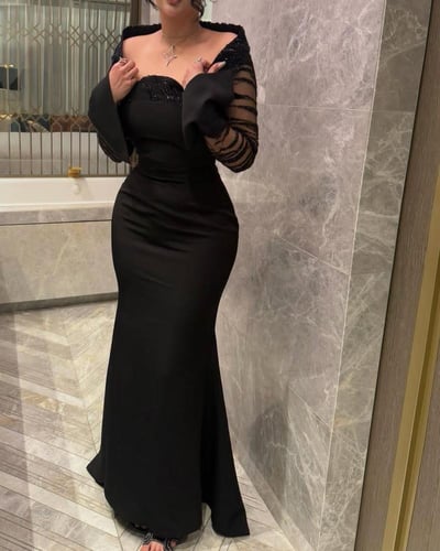 فستان سهره اسود خامه كريب استرتش