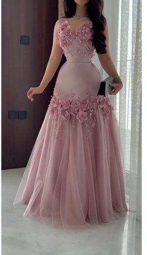 فستان سهره لون راقي خامه كريب +تل +ورد بارز