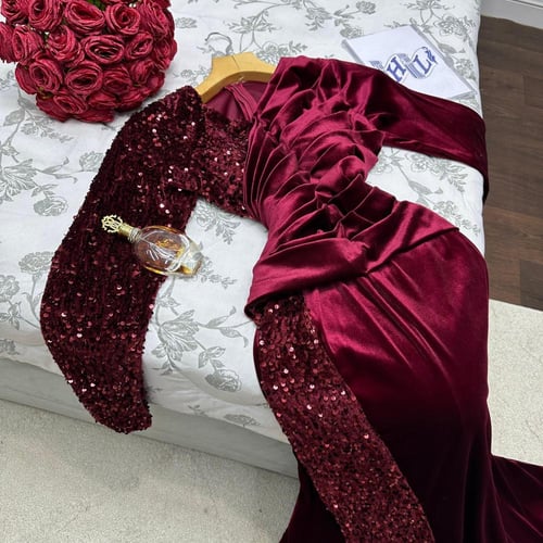 فستان شتوي سهره انيق لون عنابي كم طويل الخامه :مخم...