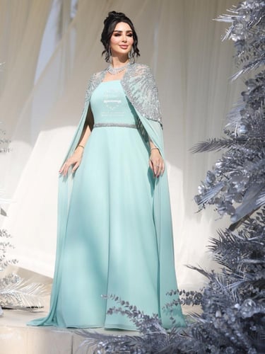 فستان سهره لون انيق خامه كريب استرتش عل شيفون + تط...