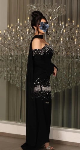 فستان سهره طويل لون اسود خامه كريب استرتش +تطريز ي...