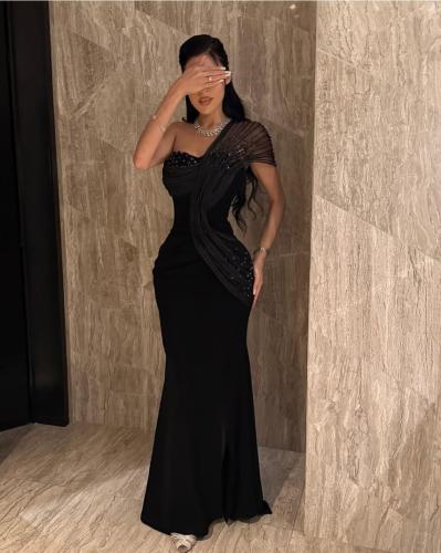 فستان سهره لون اسود انيق راقي خامه كريب استرتش