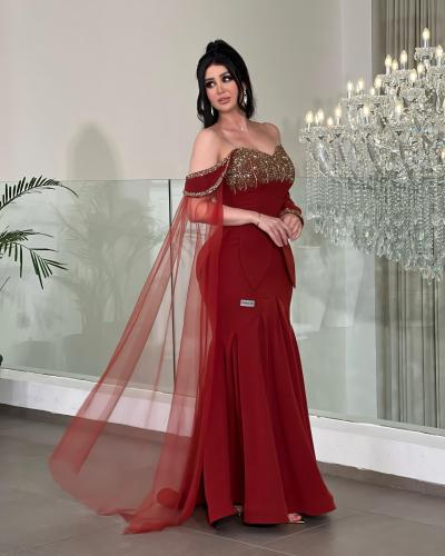 فستان سهره طويل خامه كريب استرتش عل شيفون +تطريز ي...