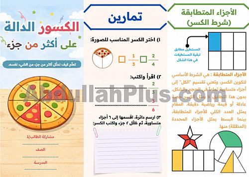 مطوية الكسور الدالة على أكثر من جزء - رياضيات الصف...