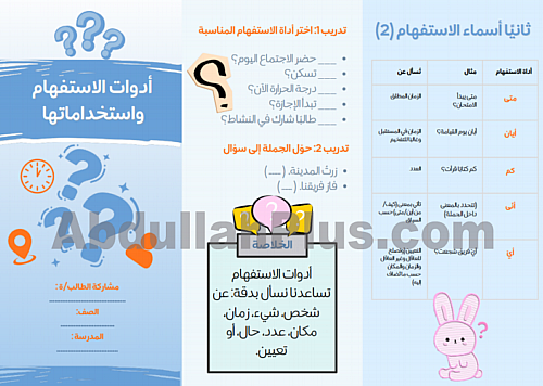 مطوية أدوات الاستفهام واستخداماتها (ملف PDF جاهز ل...