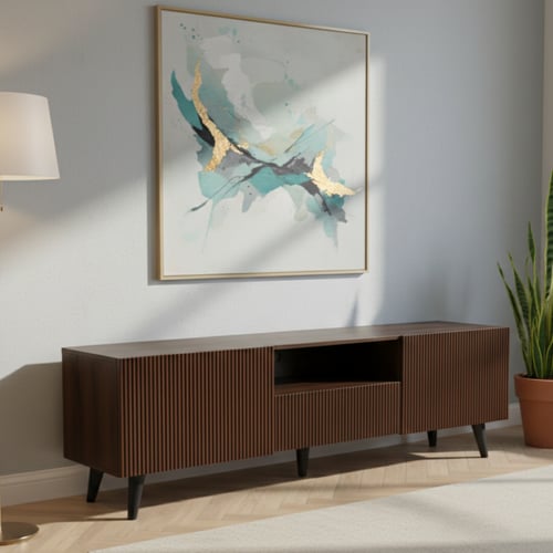 طاولة تلفزيون خشبية بتصميم مودرن مضلع - لون بني دا...