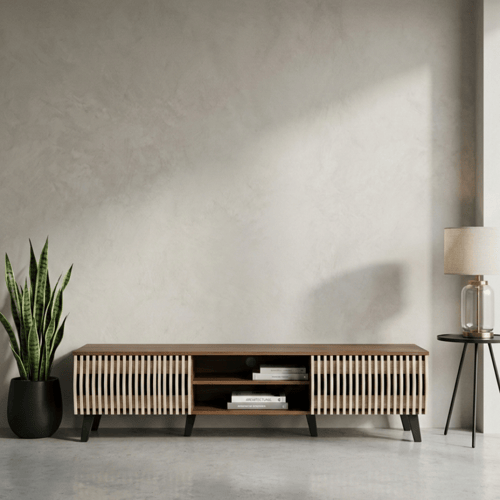 طاولة تلفزيون مودرن خشبية بنقشة ريفية مميزة – بني...