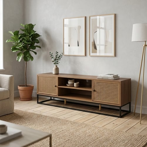 طاولة تلفزيون خشبية عصرية مع أبواب راتان وإطار معد...
