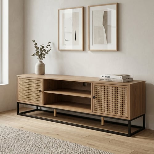 طاولة تلفزيون خشبية عصرية مع أبواب راتان وإطار معد...
