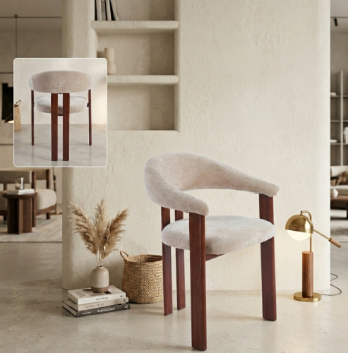 كرسي طاولة طعام مودرن بقماش شانيل وأرجل خشبية