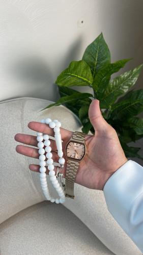سبحة + ساعة اللون الذهبي والأبيض