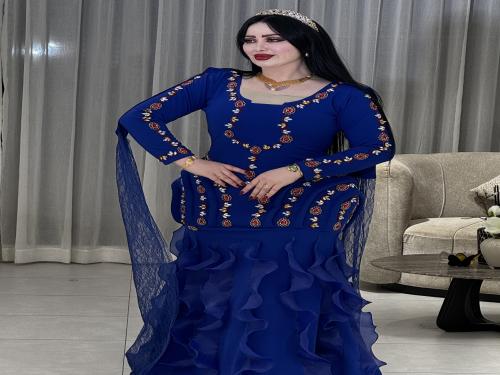 فستان ازرق استرتش كريب شة يدوي