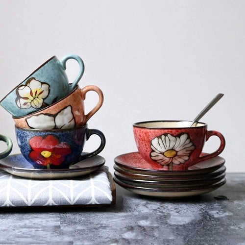 كوب فاخر مع الصحن مدهون يدويا أخضر