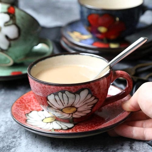 كوب فاخر مع الصحن مدهون يدويا أزرق فاتح