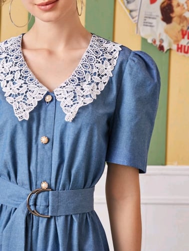 جمبسوت جميل بقصة ساق واسعة وياقه من الدانتيل مع حز...