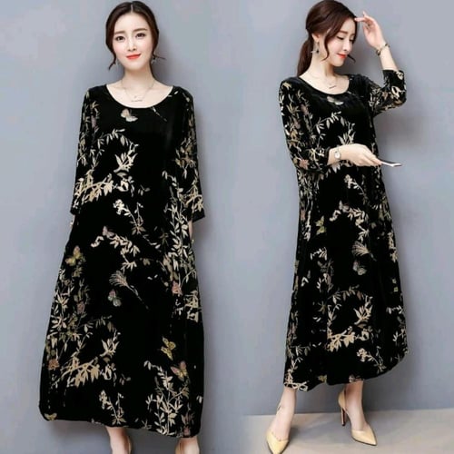 فستان مميز وناعم من المخمل مزين بالزهور . خامة راق...