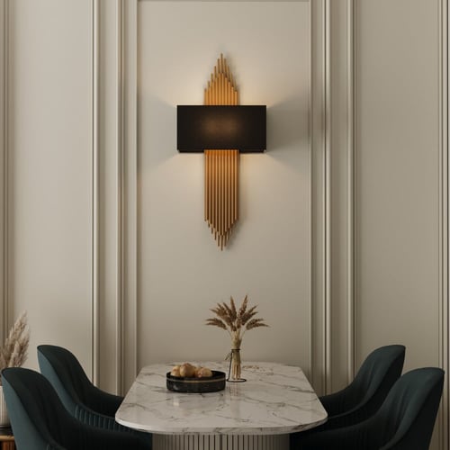 ثريا جدار بجرم معدني ذهبي مع قمع قماشي أسود