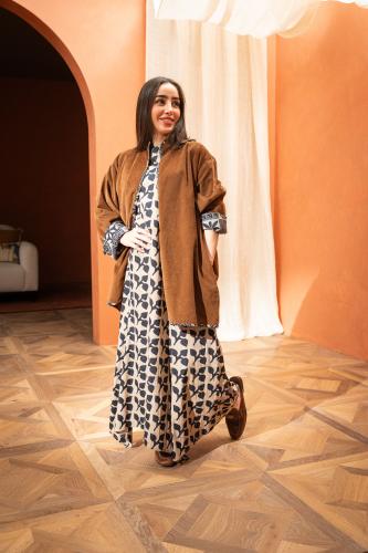 Dress set with Shomwa jacket - beige and brown color