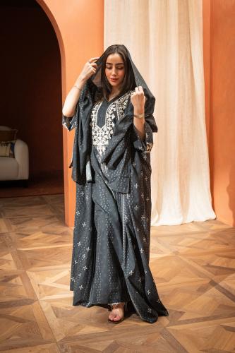 A embroidered abaya set with an embroidered jalabiya and a shayla