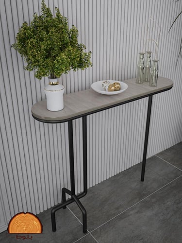 كونسول مدخل نحيف بسطح خشبي وإطار معدني