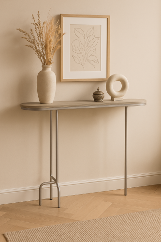 كونسول مدخل نحيف بسطح خشبي وإطار معدني