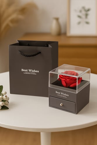 علبة هدية فاخرة بوردة صناعية مع درج للهدايا