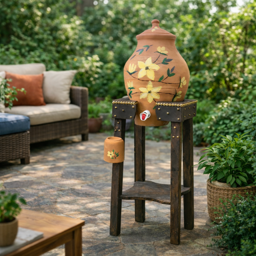 جرة ماء فخار مزخرفة مع حامل خشبي