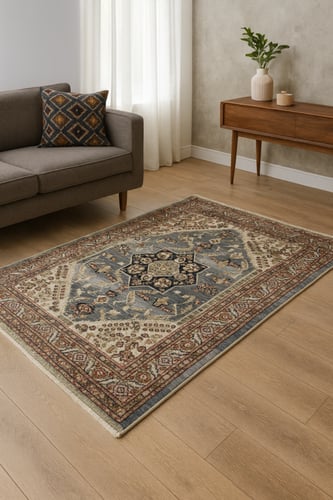 سجادة كلاسيكية شرقية مزخرفة باللون الأزرق والبيج ب...