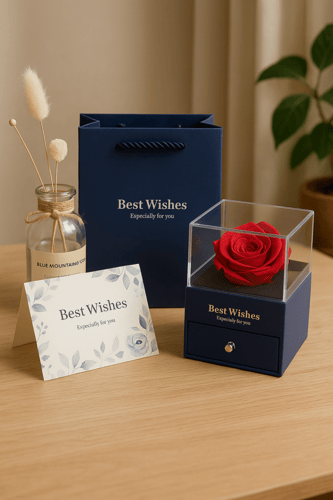 علبة هدية فاخرة بوردة صناعية مع درج للهدايا