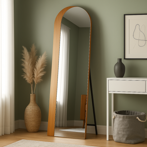مرآة أرضية طولية بإطار خشبي وتصميم علوي مقوس مع مس...