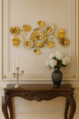 ديكور جداري معدني زهور وأوراق ذهبي وأبيض بتصميم أن...