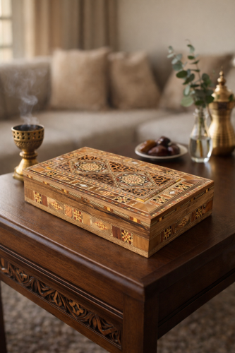 صندوق خشبي مطعم تراثي – علبة حفظ فاخرة بنقوش هندسي...