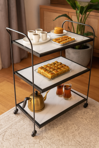 ترولي ضيافة ثلاث طبقات بسطح خشب رخامي وإطار معدني