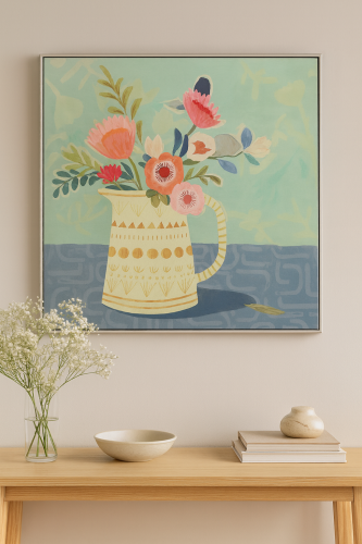 لوحة جدارية مربعة زهور في إبريق مزخرف - لوحة ديكور...