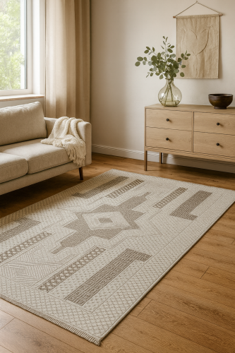 سجادة بنقشة هندسية تراثية بتدرجات بيج ورمادي مع شك...