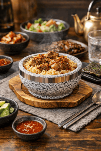 صحن حجر للطبخ والتقديم مع قاعدة خشبية