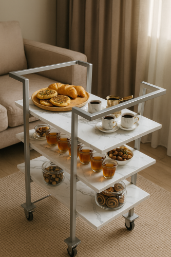 عربة تقديم ضيافة بعجلات ثلاث طبقات بسطح خشب رخامي...