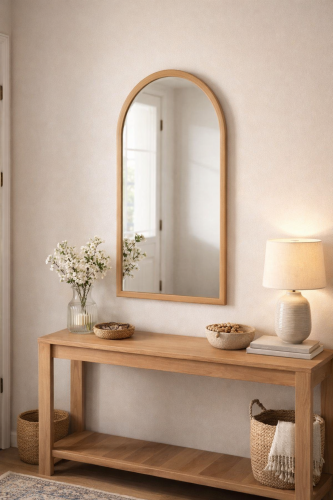 مرآة جدارية مقوسة بإطار خشبي - مرآة حائط ديكور للم...