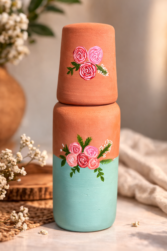 مطارة ماء فخارية برسومات ورد يدوية بتصميم تراثي