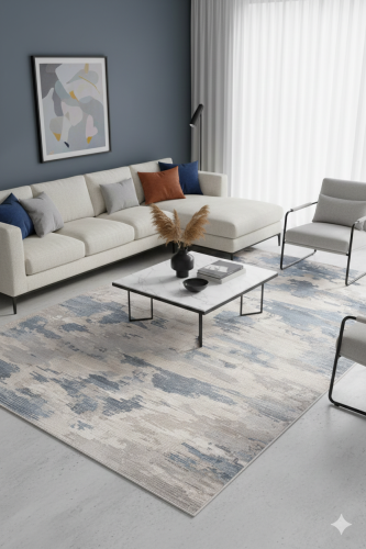 سجادة مودرن تجريدية رمادي مزرق وكريمي