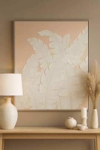 لوحة جدارية مودرن أفقية أوراق استوائية بارزة بخلفي...