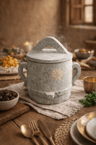 قدر حجر برمة يمني مع غطاء ومقبض حمل