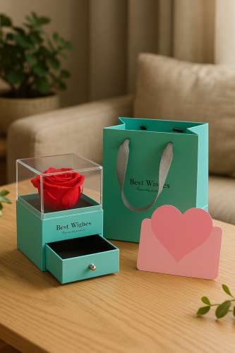 علبة هدية فاخرة بوردة صناعية مع درج للهدايا