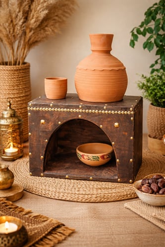 طقم زير فخار مع قاعدة خشبية تراثية